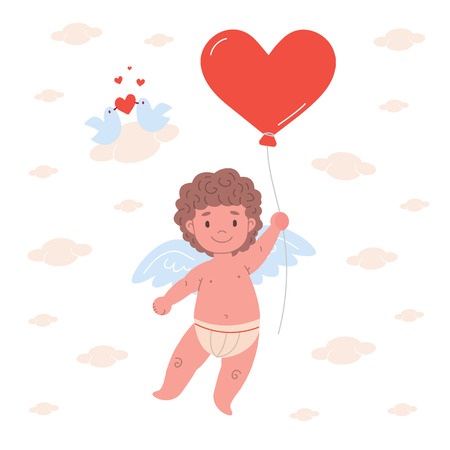Happy  cupid character holding balloon in shape of heart and soaring  in clouds with birds falling in love. Flat card illustration design for Valentine's Day and holidays.のイラスト素材