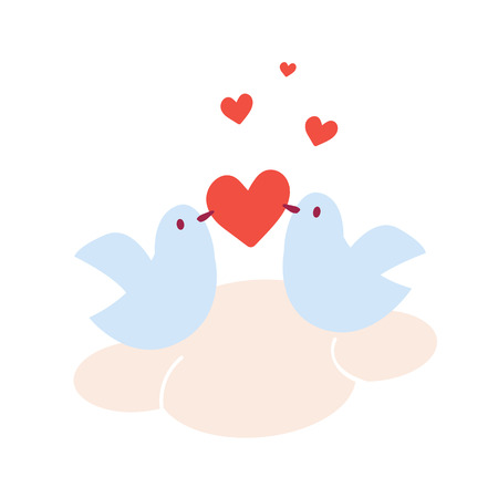Pair of doves in love sitting on a cloud and holding in beaks heart.  Flat isolated illustration for Happy Valentine's Day and Holidaysのイラスト素材