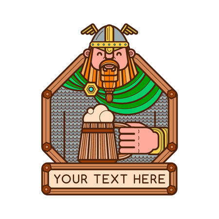 Happy bearded viking holding a wooden mug of beer. Bar or pub logotypeのイラスト素材