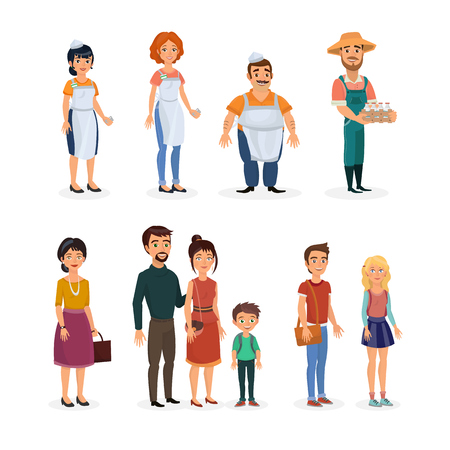 Clipart illustration with shop characters. Happy isolated cartoon sellers and customers on white background.のイラスト素材