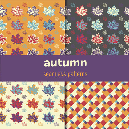 Autumn seamless  patterns set with maple leaves and geometric shapes.のイラスト素材
