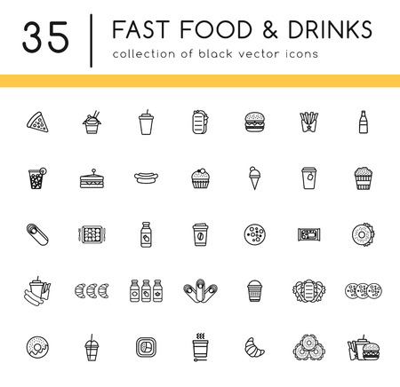 35 fast food black icons set with takeaway snacks and drinks. Black high quality outline icons for your design project. Can be used for print or webのイラスト素材