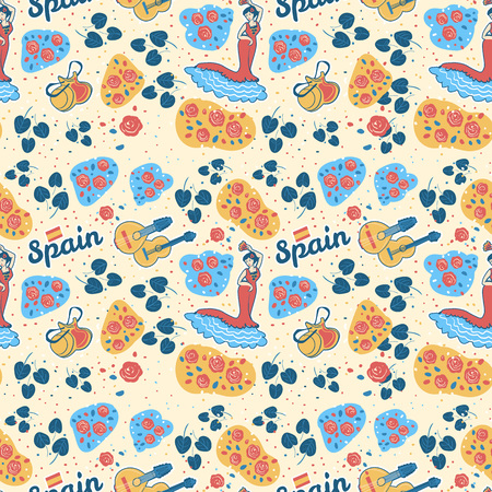 Flat hand drawn seamless color pattern inspired Spain and its musical culture. Modern cartoon vector texture with flamenco dancer, guitar, bandurria, costanets and rose flowersのイラスト素材