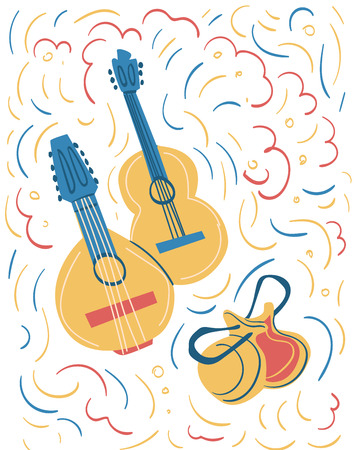 Illustration of spanish national instruments such as guitar, bandurria and castanetsのイラスト素材