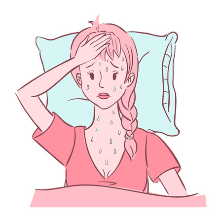 Illustration of unhappy young woman lying in a bed. She experienced night sweatsのイラスト素材