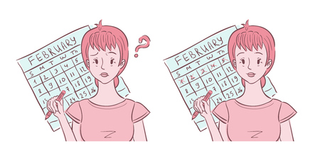 Illustration of middle aged woman shown confused about her irregular periods and happy with her regular periodsのイラスト素材