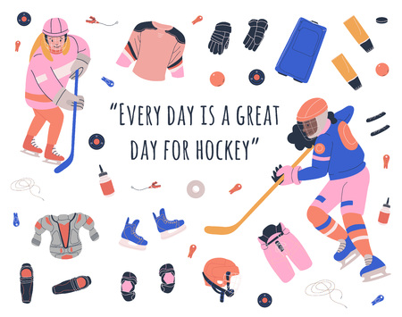 Concept illustration with teen female ice hockey players, equipment and motivation text Every day is a great day for hockey. Flat vector design for print or bannerのイラスト素材