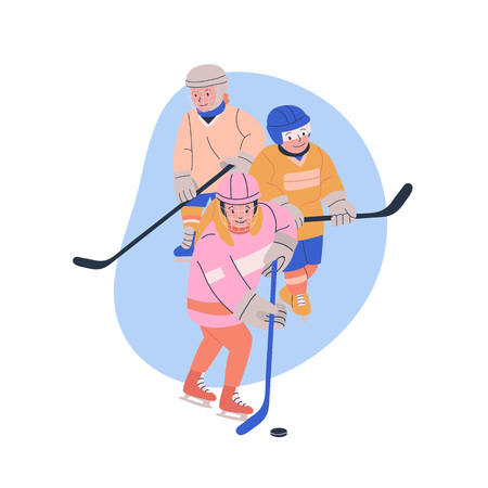 Illustration with two boys  and girl playing ice hockey game. Isolated vector with kids as young playersのイラスト素材
