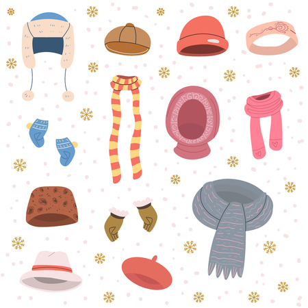 Collection of  warm hats and scarves for cold winter weather. Vector isolated collection. Can be used as concept or patternのイラスト素材