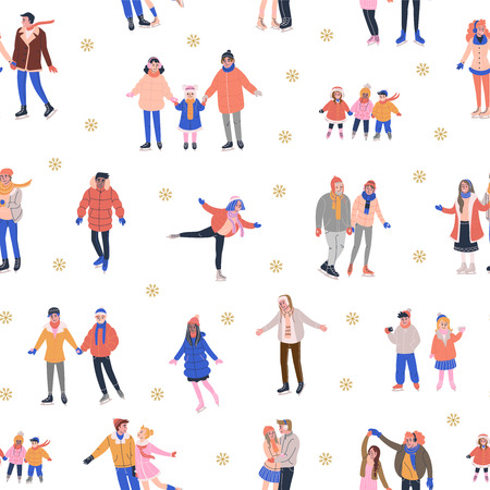 Pattern with skating tiny people having fun on ice rink. Backdrop with happy women, men and kids in warm winter clothes. Vector flat illustration. Seamless texture with golden snowflakes decorのイラスト素材
