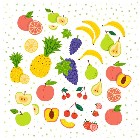 Fruits flat vector illustration set. Cartoon slices of exotic, tropical fresh fruits, vitamins. Orange, apple, pineapple isolated clipart collection. Ripe, raw fruits design elementのイラスト素材