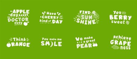 White fruit  phrase flat vector lettering set. Motivational, inspirational quote, phrase stylized typography. You berry sweet, think orange illustration. Optimistic t shirt print,greeting cardのイラスト素材