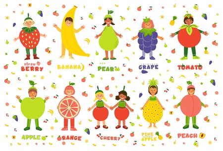 Kids in fruits costumes flat characters set. Boys and girls dressed for kindergarten performance, carnival, spectacle cartoon illustrations. Multiracial children in tropical fruit clothingのイラスト素材