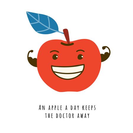 An apple a day keeps the doctor away card. Smiling cute fruit with strong hands flat vector illustration. Handwritten text, funny slogan. Isolated cartoon character with typographyのイラスト素材