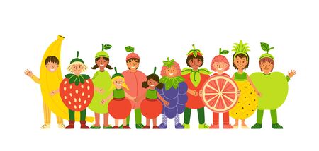 Kids in fruit clothing flat vector illustration. Smiling children wearing funny costumes cartoon characters. Healthy nutrition. Cheerful boy and girls dressed in berry and fruit clothesのイラスト素材