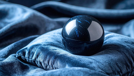 A smooth, dark obsidian sphere with subtle blue inclusions rests elegantly on a deep blue velvet cushion, its polished surface reflecting light, perfect for showcasing luxury and mystique.の素材