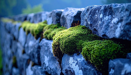 Thickly carpeting a weathered stone wall, lush green moss creates a vibrant natural tapestry, perfect for showcasing nature's enduring beauty and resilience.の素材