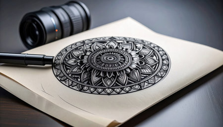 This intricate mandala pattern, meticulously drawn with fine black ink on textured parchment, showcases exceptional artistic detail, perfect for inspiring creativity and representing intricate design.の素材