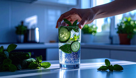 A hand gently reaches for a tall glass of crystal-clear water, brimming with slices of cooling cucumber and fragrant mint leaves, showcasing a healthy and invigorating beverage, perfect for ultimate hydration.の素材