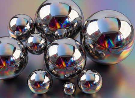 Multiple highly reflective chrome spheres arranged in a group, capturing vibrant spectral light patterns and showcasing the beauty of polished metallic surfaces, perfect for abstract design concepts.の素材