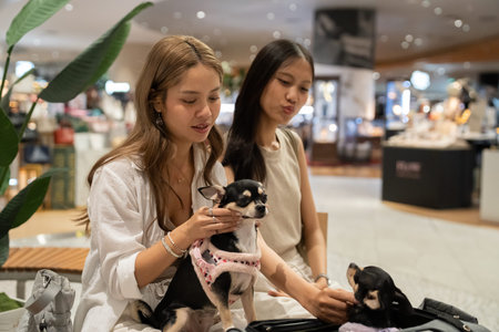 Young women enjoying day with chihuahuas at pet-friendly mallの写真素材