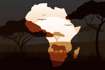 Vector illustration of background with African fauna and flora. Map.のイラスト素材