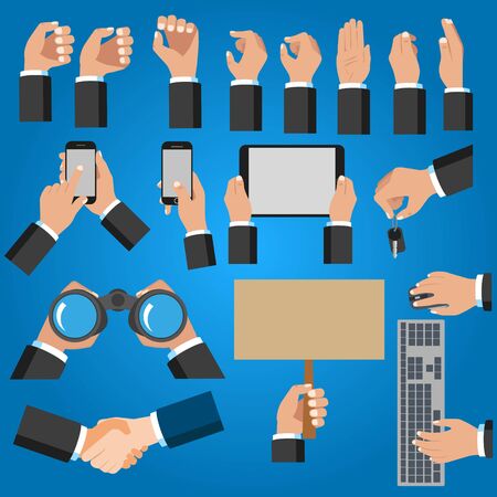 Vector set of people hands holding mobile devices. Isolated.のイラスト素材