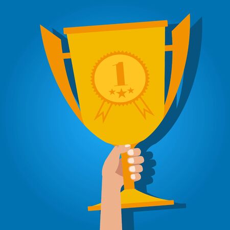 Human hand holding golden winner cup trophy competition success concept.のイラスト素材
