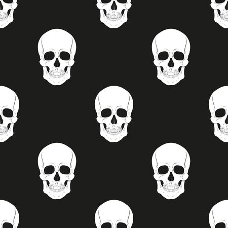 Vector illustartion of skulls on black background seamless pattern.のイラスト素材