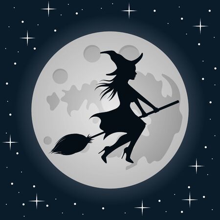 Witch on a broomstick on moon background. Vector black silhouette.のイラスト素材