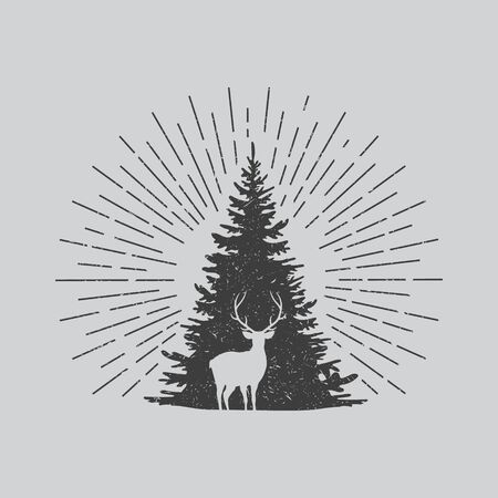 Vector illstration of deer with tree. Retro design. Isolated.のイラスト素材