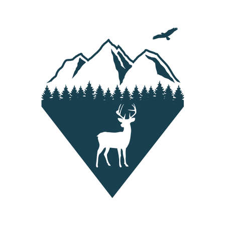 Wild life  design. Forest, mountains and deer. Vector.のイラスト素材