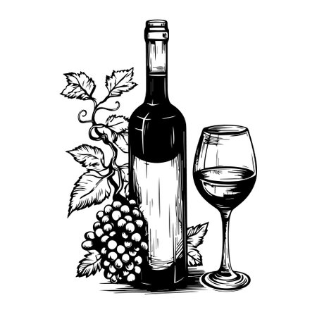 Illustration of wine glass and bottle in engraving style.のイラスト素材