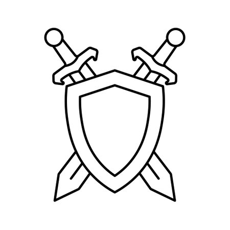 Two swords and shield icon in linear style.のイラスト素材