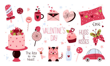 Valentines Day set with cake, marshmallow, pillow, sweets, cat, butterfly, love elixir and more cartoon design elements. Vector illustrations for stickers, scrapbooking, planers, cardsのイラスト素材