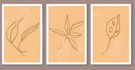 Set of modern abstract boho plant posters. Contemporary minimalist wall art with exotic leaves and branches. Flat vector illustration for card, cover designのイラスト素材