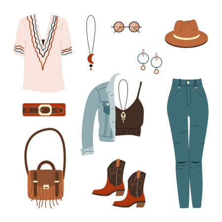 Set of clothes and accessories in bohemian style. Boho outfits. Jeans and jacket, t-shirt, top, hat,...