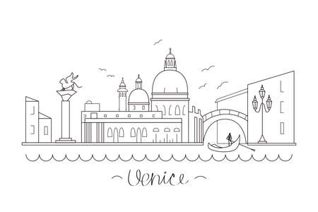 Venice city skyline in outline minimalist style. Line art vector illustration with famous landmarks. Italian town on the waterのイラスト素材