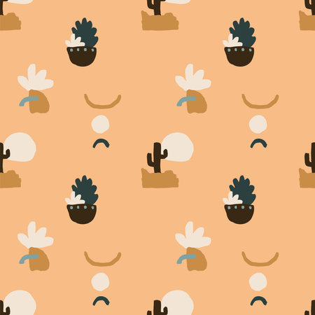 Cute seamless pattern with abstract organic shapes and cactus plants. Modern collage style wallpaper, fabric design, printのイラスト素材