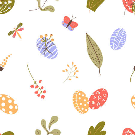 Easter eggs seamless pattern with decorated eggs, leaves and flowers. Happy Easter floral...