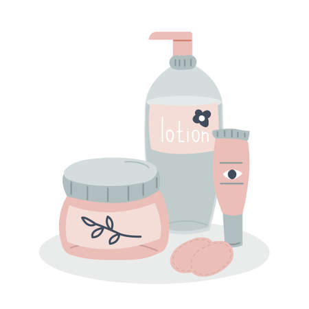 Set of natural organic cosmetic products in bottle, jar, tube for skincare. Basic female beauty skin care. Cartoon vector illustration isolated on white backgroundのイラスト素材