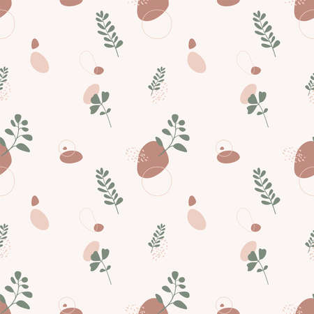 Abstract minimal plant and geometric shapes seamless pattern. Boho Floral pattern in minimalist nordic style. Natural background for fabric, bohemian wallpaper, interior decor. vector illustrationのイラスト素材