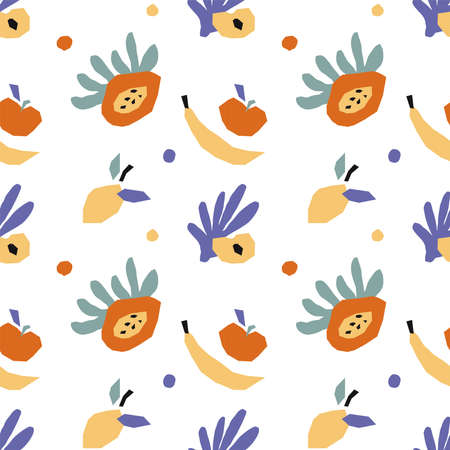Exotic fruits and abstract organic shapes seamless pattern background. Trendy minimalist print inspired Mattise art style. Repeat vector textureのイラスト素材