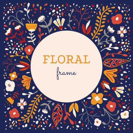 Floral greeting card in scandinavian style. Frame with doodle flowers and leaves. Folk art vintage border for text. Vector illustration for wedding invitation, save the dateのイラスト素材