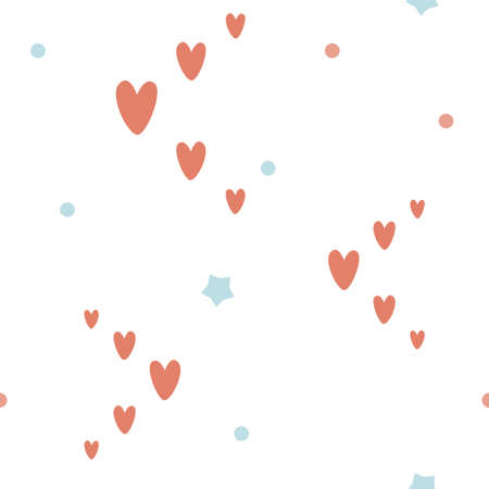 Seamless pattern with hearts, stars, polka dots doodle elements. Valentines day repeat texture. Baby Nursery wallpaper, boho trendy sleepwear, simple print. vector love backgroundのイラスト素材