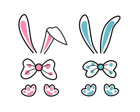 Easter bunny ears, bow and paw set. Cute bunny costume for baby girl and boy. First Easter party. Color vector illustration for print, card, invitation designのイラスト素材