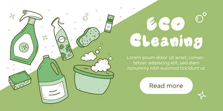 Eco friendly cleaning service landing page template. Liquid detergents in bottle, sponge, aroma oil, air freshener, basin with foam. house cleaning banner background. vector illustration sketch styleのイラスト素材