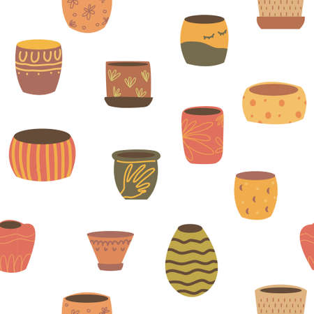 Houseplant pots seamless pattern with different shaped empty vases, jurs, pottery. Endless texture with cute home decor. Flat vector illustration for fabric, textile, wrapping paperのイラスト素材