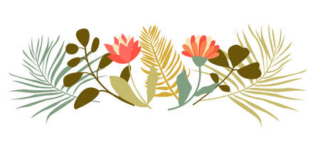 Floral composition of tropical leaves and flowers in boho style. Wedding modern border. Vector illustration isolated on white backgroundのイラスト素材
