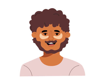 Happy young man applying gel gold eye patches. Skin care around eyes from dark circles, signs of fatigue and dryness. Cartoon flat vector illustrationのイラスト素材